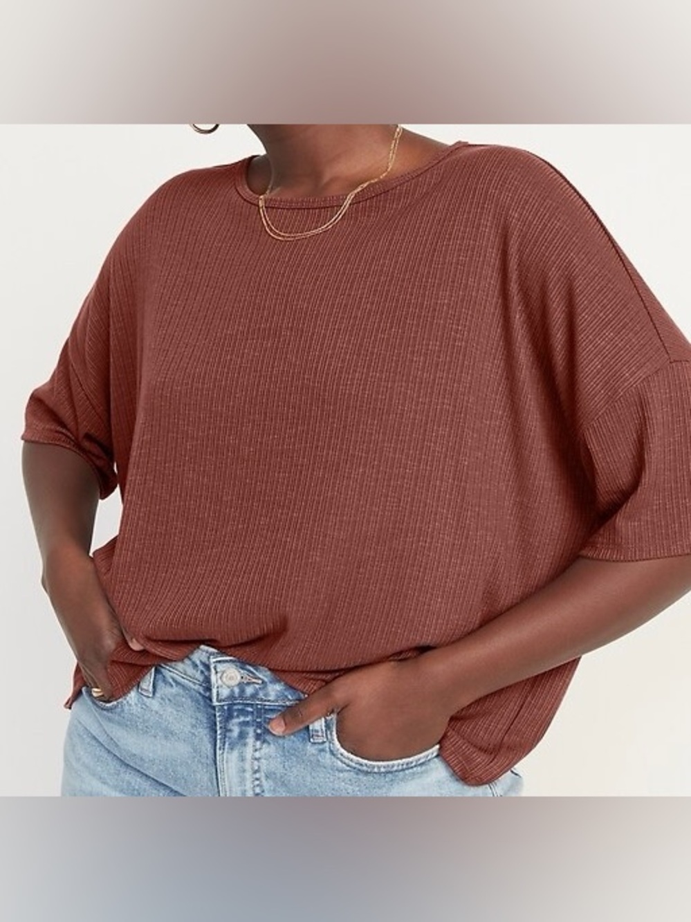 Old Navy Luxe Ribbed Rust Amber Color T-Shirt  Short Drop Sleeve Size XXL
